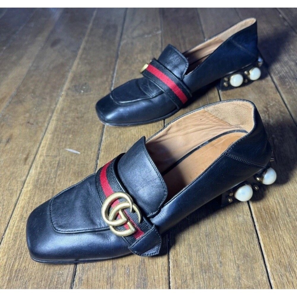 Gucci Black Leather Peyton GG Sylvie Pearl Studded Loafer Size 37